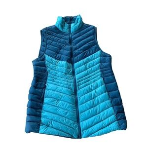 Lands End Womens XL Blue Chevron‎ Quilted Down Puffer Vest Full Zip Mock Neck
